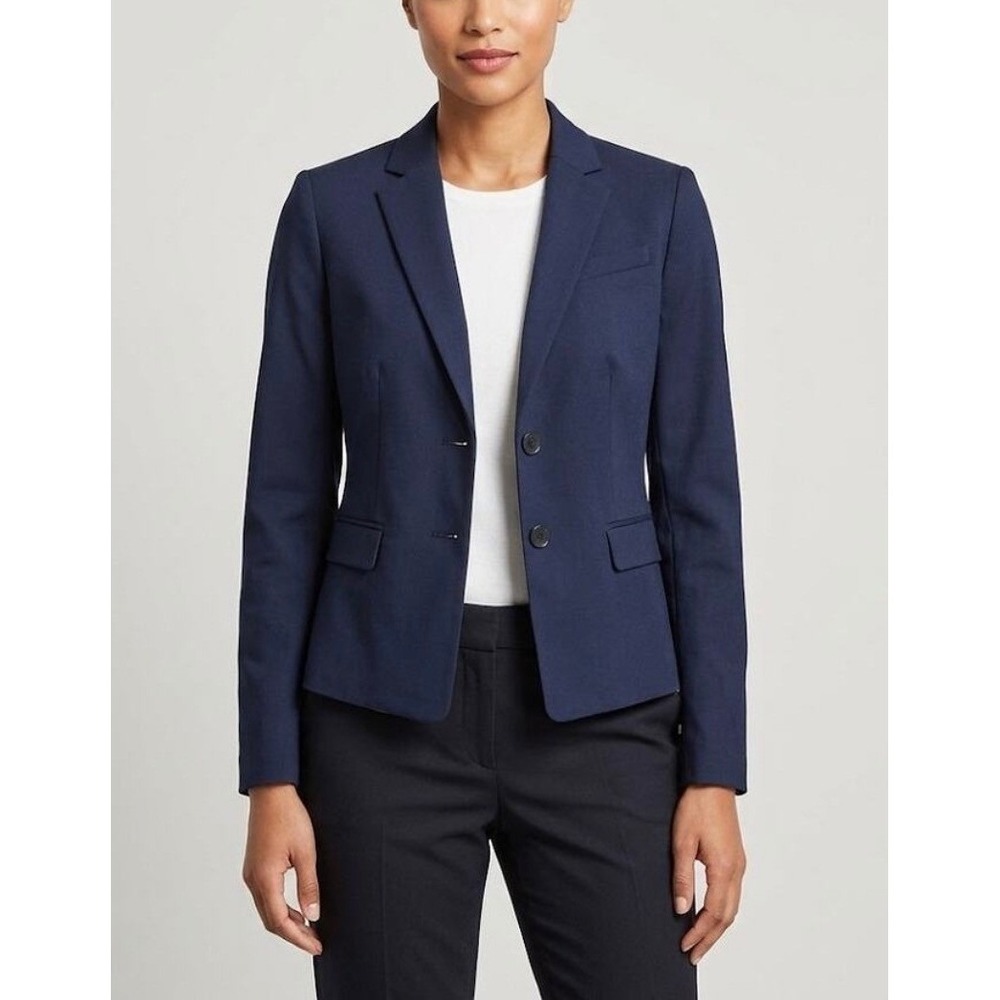 Ann Taylor SZ 10 Two Button Blazer Cropped Length Dark Navy Dot Lining Classic